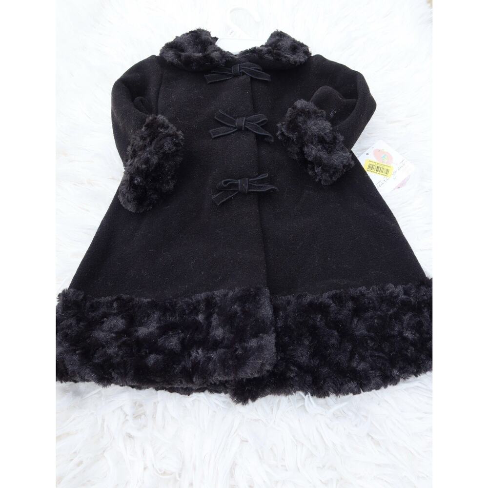Starting Out Girls Black Faux Fur Trim Coat Bow Front 12 Months NWT